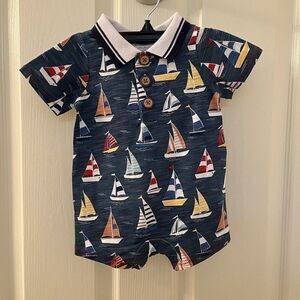 Mud Pie Sailboat Shortall Romper Blue Cotton Boys Size 3-6 Months NWT